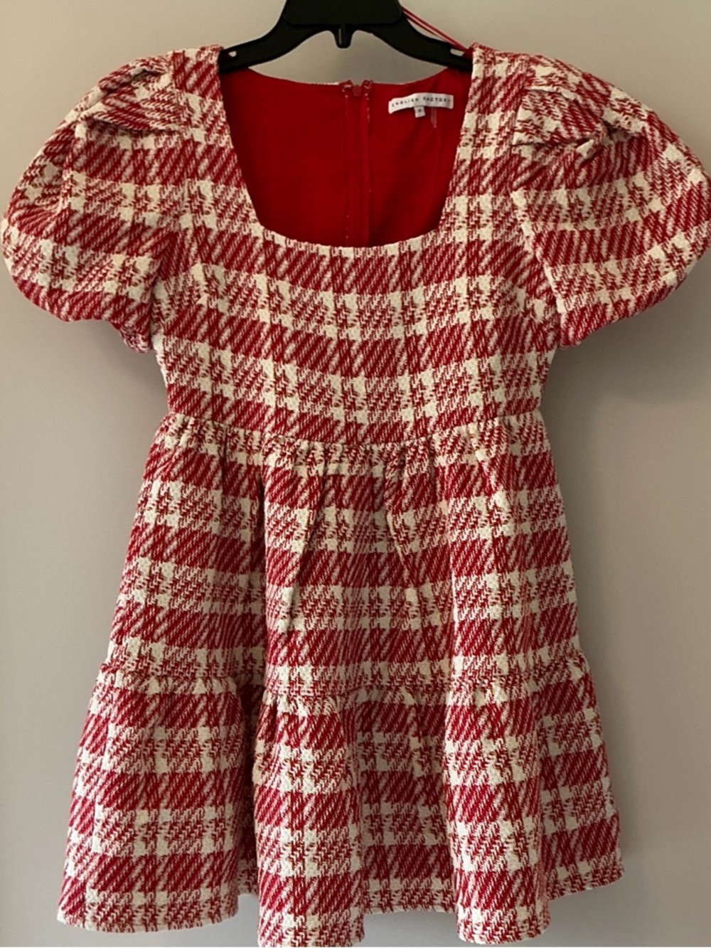 English Factory Tweed Mini Dress Red White Puff Sleeve Size Small Preppy, NWOT